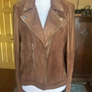 Lena Gabrielle faux Brown Suede Moto Jacket with Woven Detail